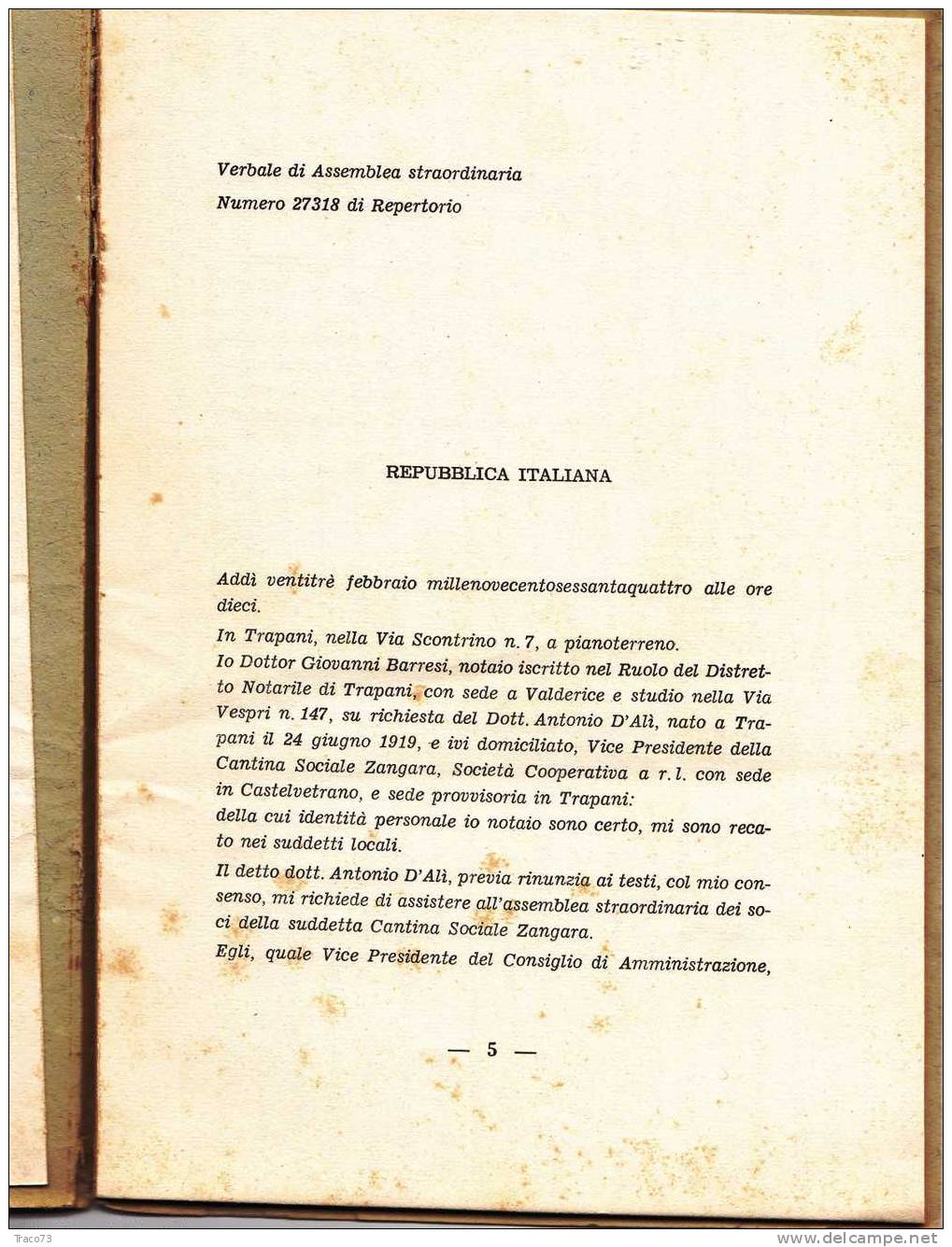 TRAPANI  23 Febbraio 1964  /  Statuto Della Cantina Sociale Zangara - Società Cooperativa A R.l. - Altri & Non Classificati