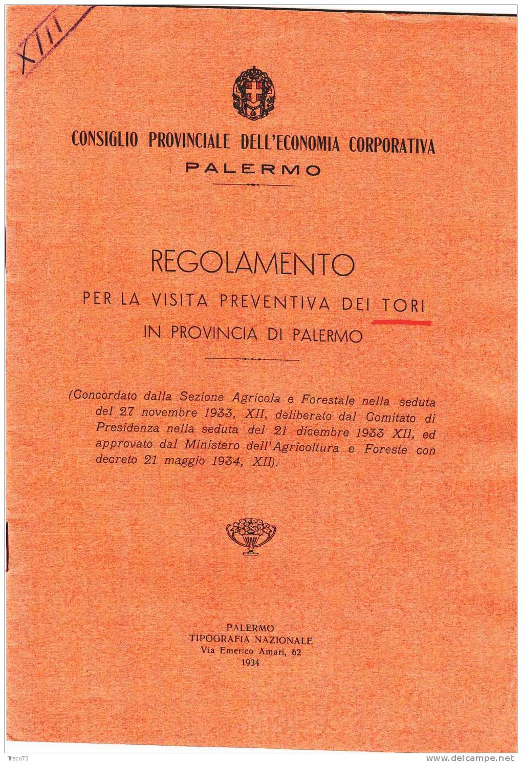 PALERMO 1934  /  Regolamento Per La Visita Preventiva Dei Tori In Provincia Di Palermo - Tip. Naz. - Altri & Non Classificati