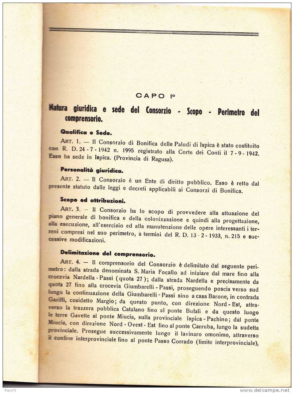 SIRACUSA  1953  /  Consorzio Di Bonifica Delle Paludi Di Ispica - STATUTO -  Arti Grafiche Santoro SR. - Autres & Non Classés