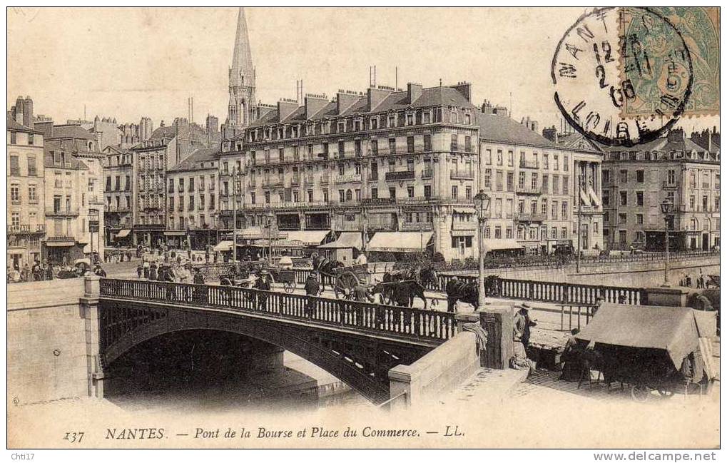 NANTES  PONT DE LA BOURSE  AVEC ANIMATION ET COMMERCES CIRC 1906  EDIT LL   / N  137 - Nantes