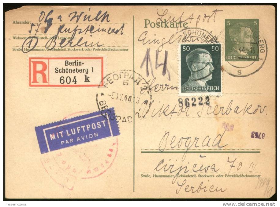 3rd REICH AIR MAIL R-POSTAL CARD 5 +50 Pf. BERLIN TO BELGRADE 1944 - Briefe U. Dokumente