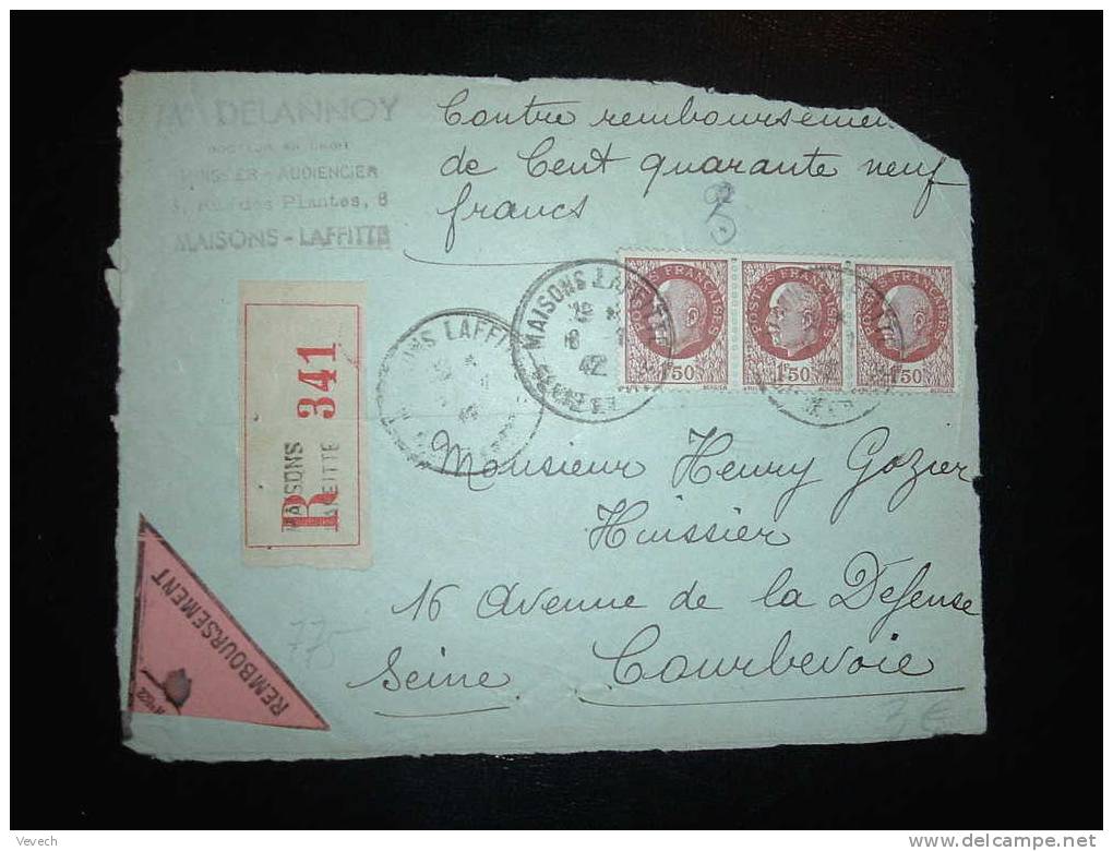 DEVANT DE LETTRE RECOMMANDEE CR TYPE PETAIN TARIF 4,50 F OBL. 18-01-1942 MAISONS LAFFITTE SEINE ET OISE (78 YVELINES) - 1941-42 Pétain