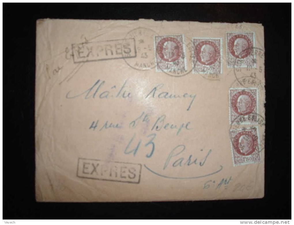 LETTRE PAR EXPRES TYPE PETAIN TARIF 7,50 F OBL. 19-05-1943 SAINT PIERRE EGLISE (50 MANCHE) - 1941-42 Pétain