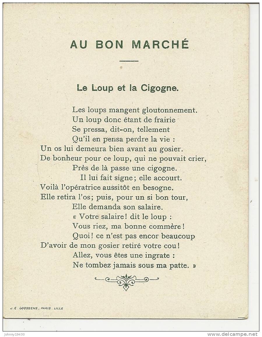 LE LOUP ET LA CIGOGNE - LA RECONNAISSANCE PESE AUX MECHANTS ( Déssin: ? ) AU BON MARCHE - PARIS - Andere & Zonder Classificatie