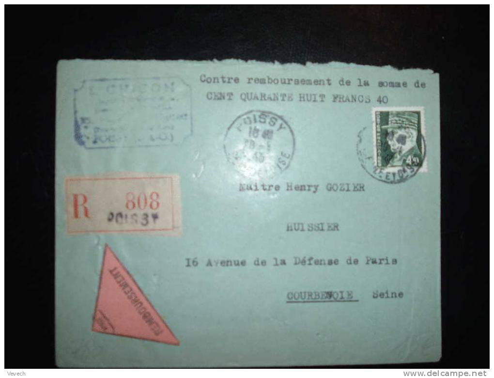 LETTRE RECOMMANDEE CONTRE REMBOURSEMENT TYPE PETAIN 4,50 F OBL. 29-01-1943 POISSY SEINE ET OISE (78 YVELINES) - 1941-42 Pétain