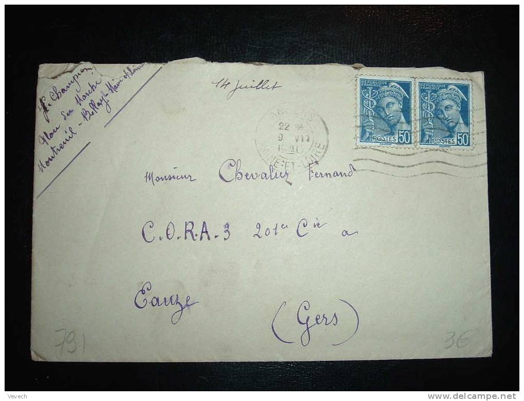 LETTRE TYPE MERCURE TARIF A 1 F OBL. 09-07-1941 ANGERS (49 MAINE ET LOIRE) - 1938-42 Mercurius