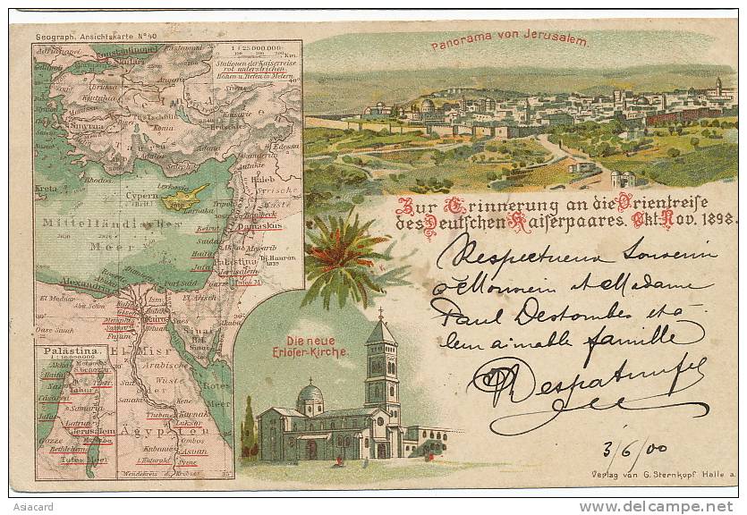 Jerusalem Litho 1898 Visit Kaiser Guillaume II Middle East Map Turkey, Lebanon, Palestine - Palestine