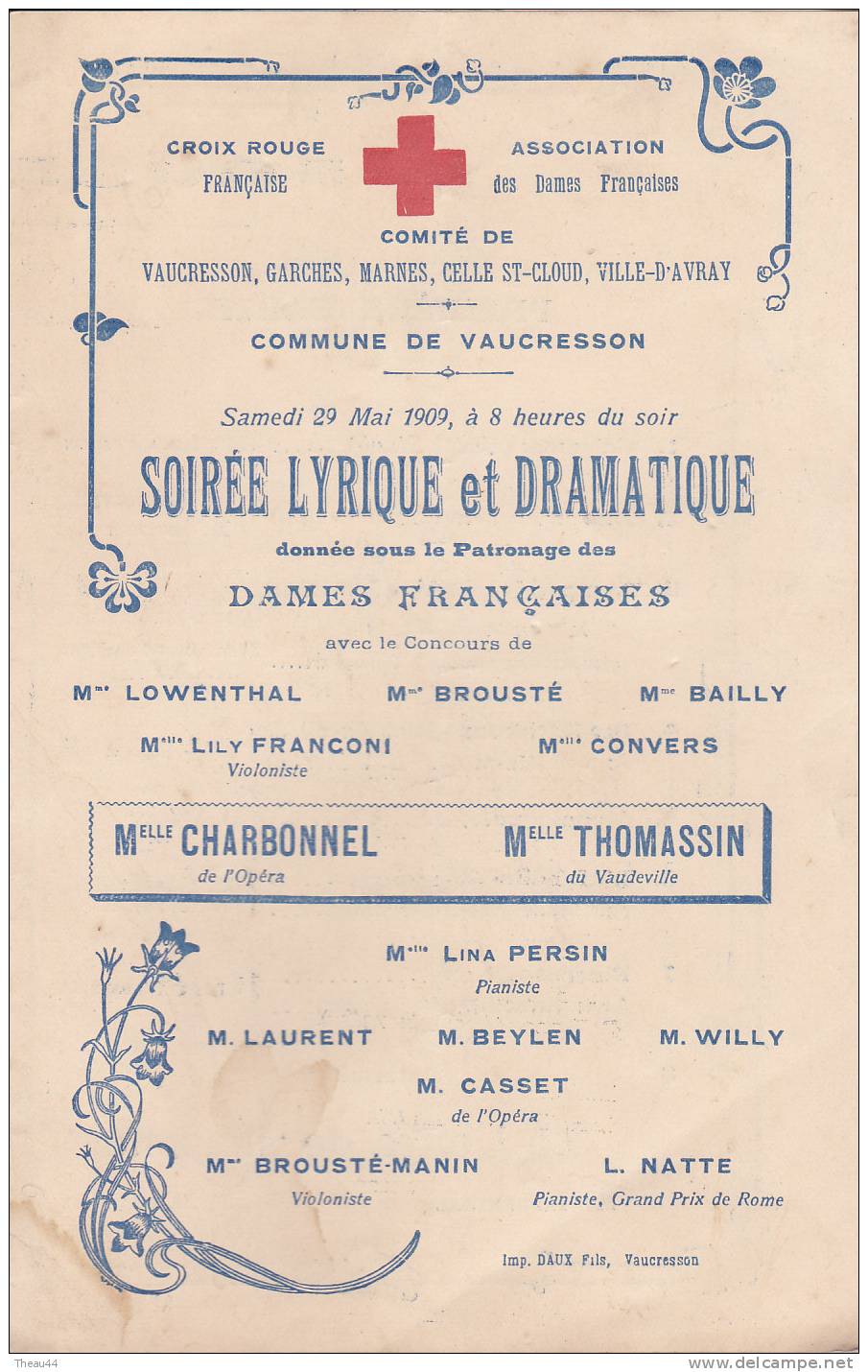 Programme De La " CROIX ROUGE " En 1909 - VAUCRESSON,GARCHES,MARNES,CELLES St-CLOUD,VILLE-D´AVRAY - Programmes