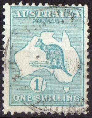 Australia 1915 1 Shilling Blue-green Kangaroo 2nd Watermark (Wmk 9) Used - Actual Stamp - Nibbled Perfs- SG28 - Oblitérés