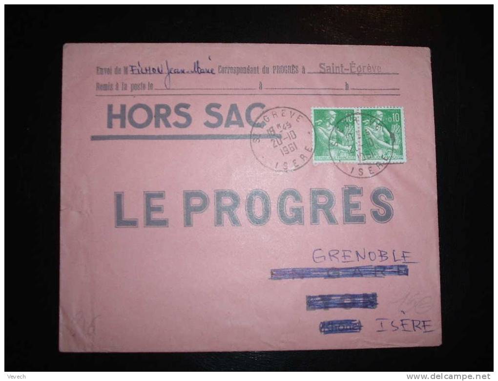 LETTRE HORS SAC TYPE MOISSONNEUSE TARIF A 0,20 F OBL. 20-10-1961 ST EGREVE (38 ISERE) - 1957-1959 Oogst