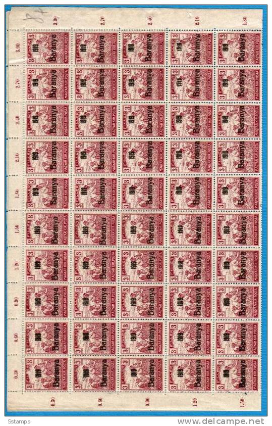 1919 BARANYA JUGOSLAVIA SERBIA UNGHERIA UNGARN OCCUPAZIONE BESETZUNG SHEET 100-STAMPS- THE STUDY OF OVERPRINT TYPS - Baranya