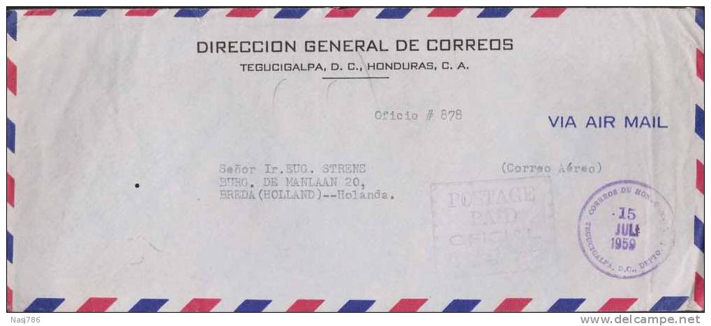 Honduras Official Cover, Postage Paid Postmark, Sent To Netherlands - Honduras