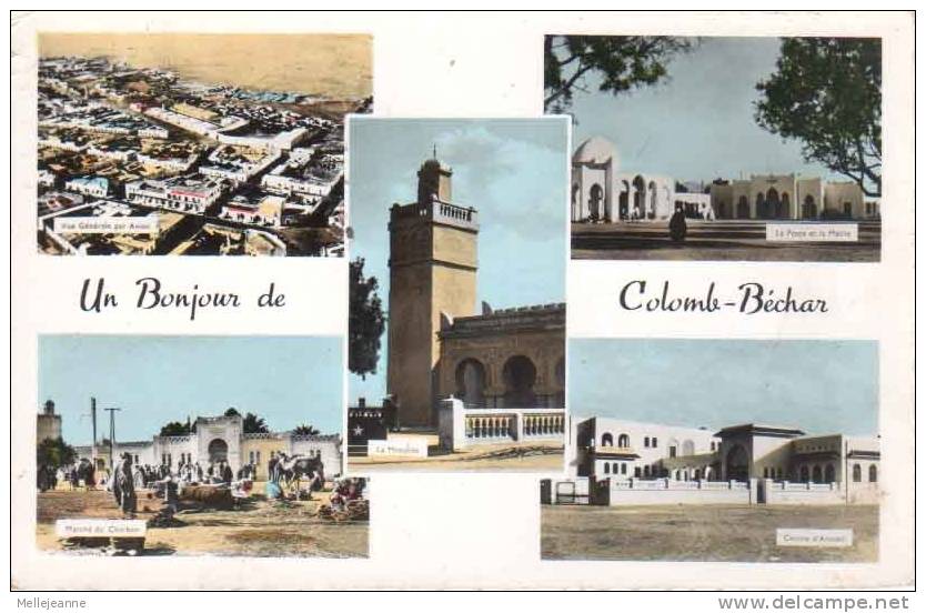 Cpsm Colomb Bechar ( Algerie ) Multivues : Marche Du Charbon , Poste Et Mairie , Centre D´ Accueil ... - Bechar (Colomb Béchar)