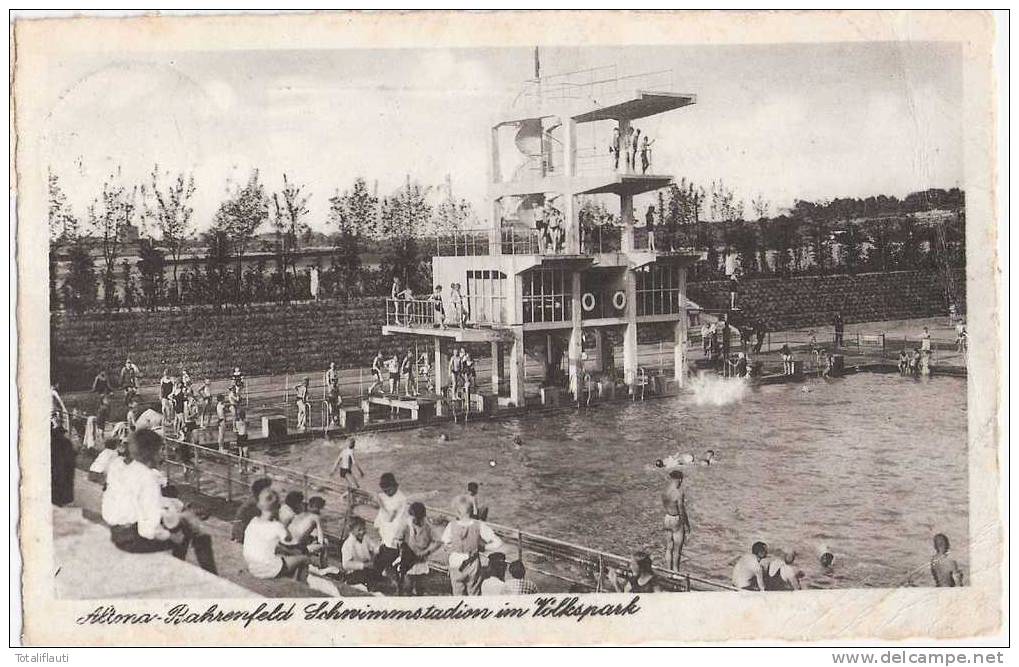 Hamburg Altona Bahrenfeld Schwimmbad Im Volkspark 15.5.1935 Gelaufen Maschinen Zusatzstempel 2. Reichsnähr Ausstellung - Altona