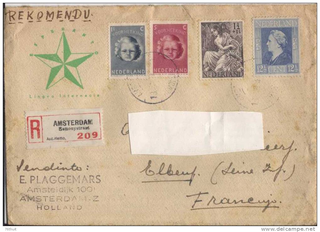 1946 (? - ENVELOPPE LETTRE - NEDERLAND PAYS BAS Espéranto + Recommandé - Pour Elbeuf - Esperanto