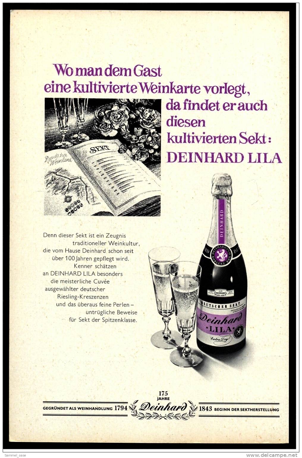 Reklame Werbeanzeige  -  Deinhard Lila  ,  Kultivierte Weinkarte - Kultivierter Sekt    ,  Von 1969 - Sonstige & Ohne Zuordnung