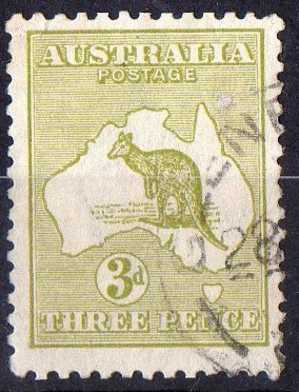 Australia 1915 3d Yellow-olive Kangaroo 3rd Watermark (Wmk 10) Used - Actual Stamp -Glen? - SG37 - Gebruikt