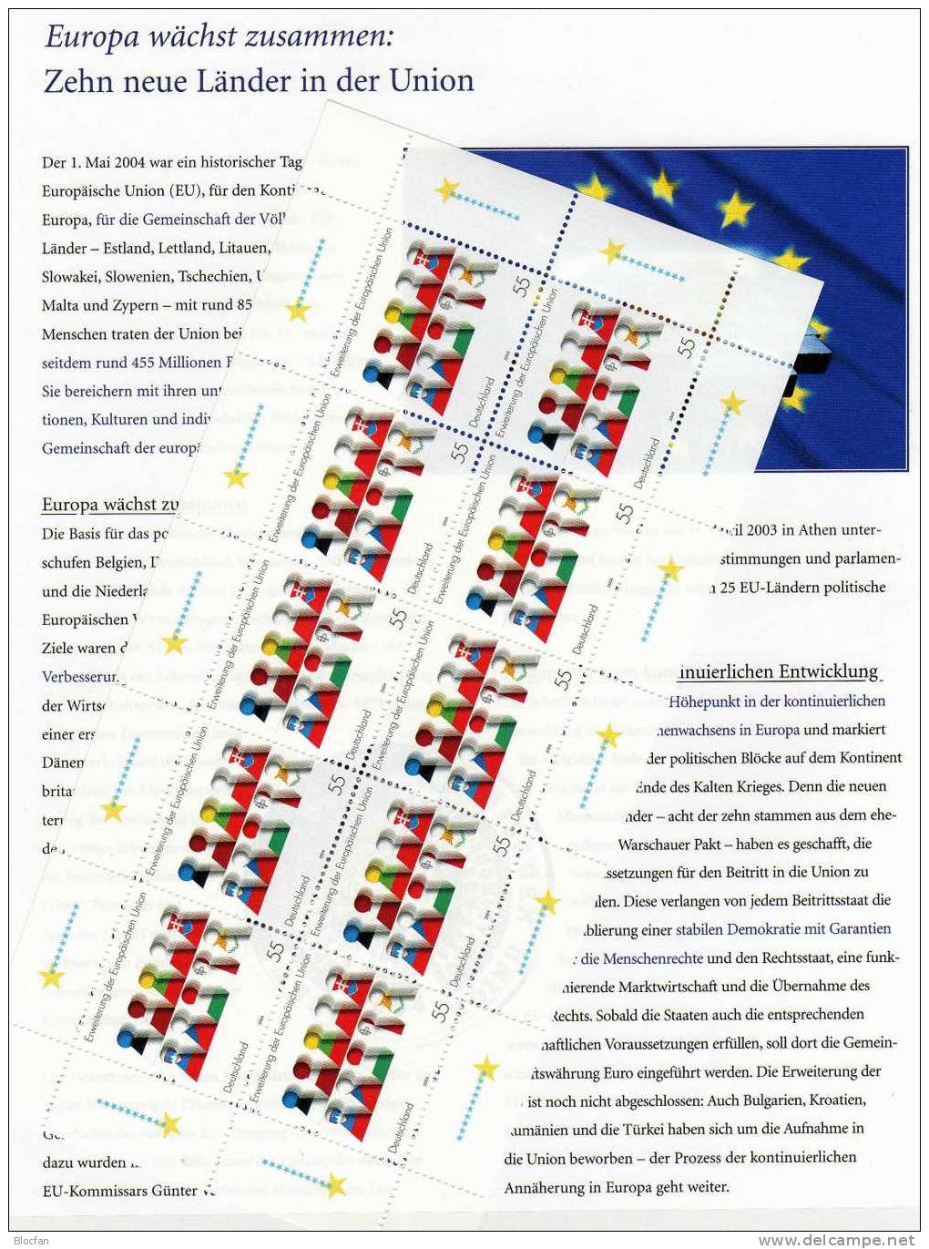 Erweiterung der EU in Europa 2004 BRD 2400,10-Kleinbogen ** plus SST 23€ CEPT Farben der National-Flaggen sheets Germany