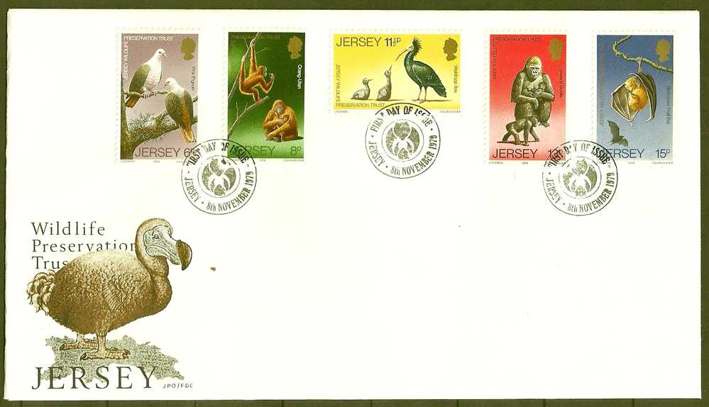 Jersey 1979 Birds Oiseaux Aves Orangutans Gorillas Bats Wildlife Preservation Trust Issue With 5 Values FDC - Tauben & Flughühner