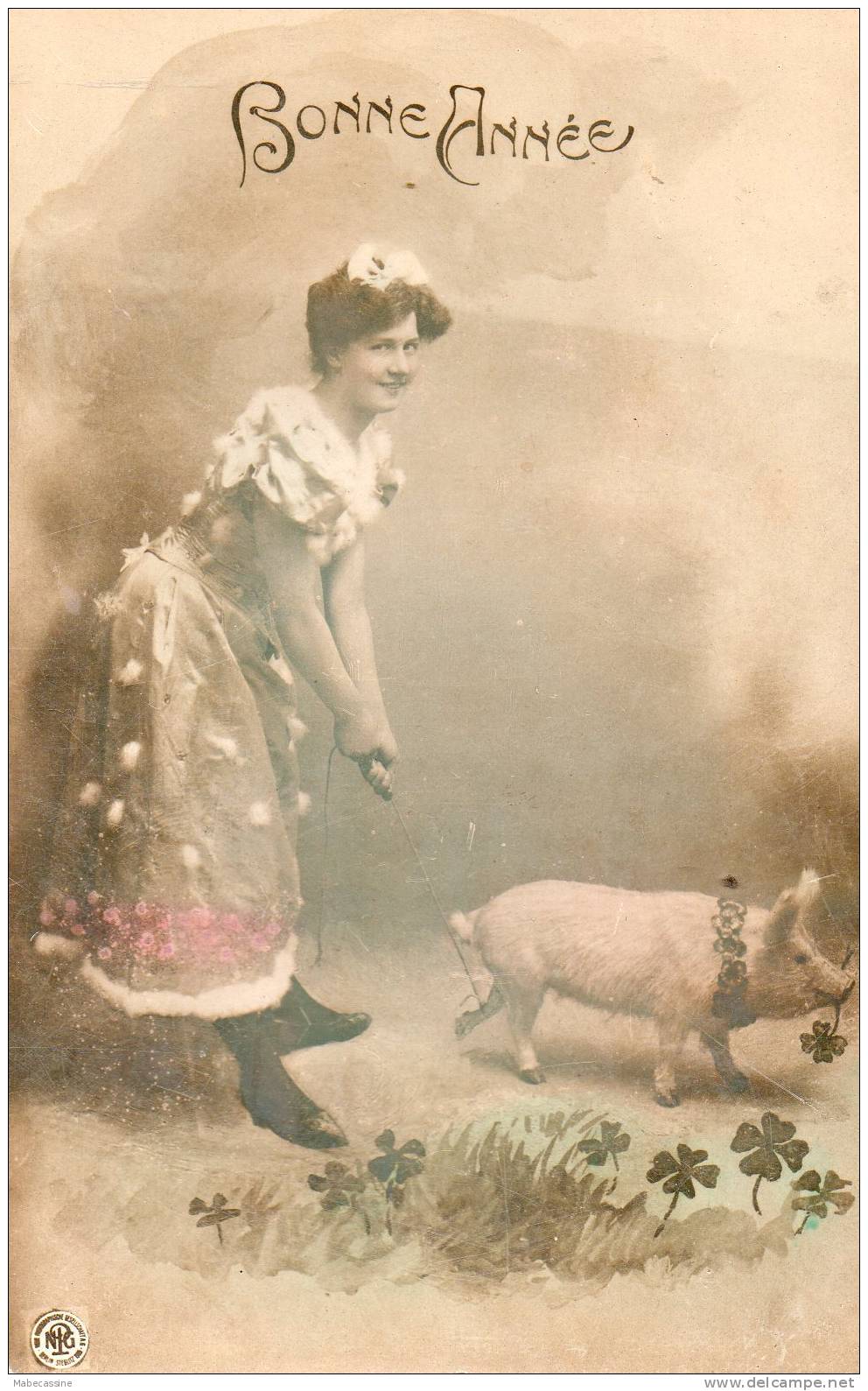 Carte Fantaisie Femme Avec Son Cochon Bonne Année - Schweine