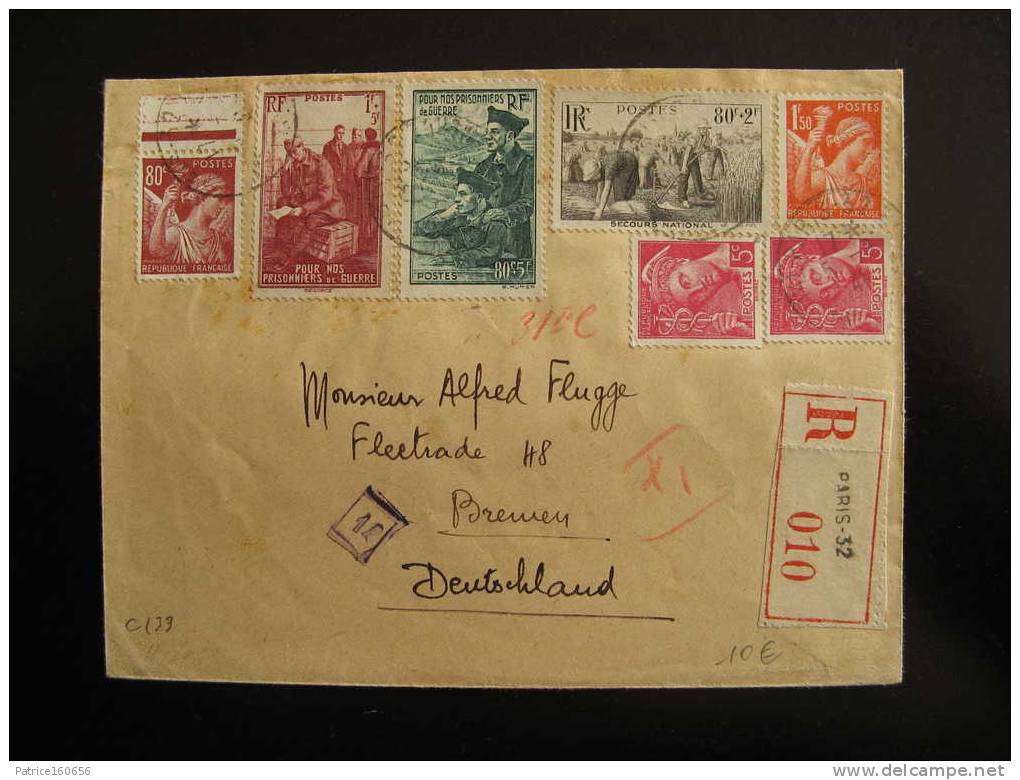 C133 -  TB Enveloppe Affranchie Avec N° 406 X 2, 431, 435, 466, 474/5. De Paris Pour L´Allemagne ( 05/08/1941) . - 1921-1960: Période Moderne