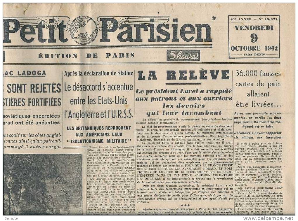 Le Petit Parisien Du 9/10/1942 " Les Britanniques Reprochent Aux Americains Leur "Isolationnisme Militaire" - Le Petit Parisien