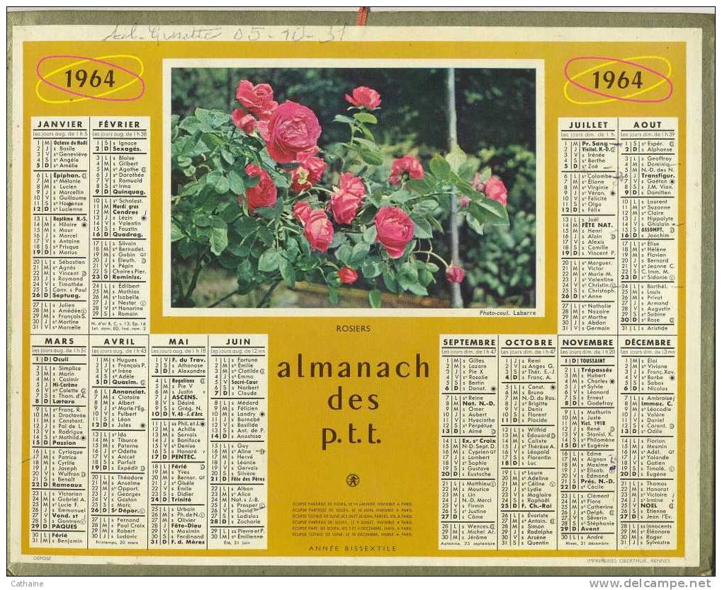 ALMANACH DES P T T  1964 DE L ALLIER / LES ROSIERS / PHOTO COULEUR LABARRE/ CALENDRIER OLLER - Groot Formaat: 1941-60