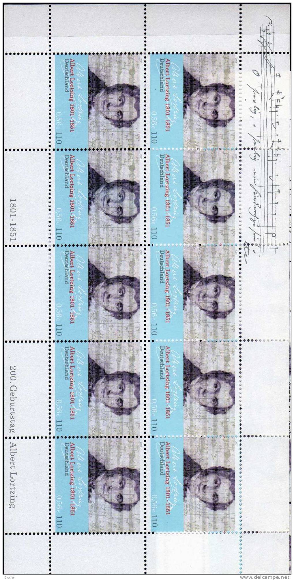Albert Lortzing 2001 BRD 2163+10-Kleinbogen ** 12€ Musiker Noten Oper Zar/Zimmermann Autograph Hb Music Sheet Bf Germany - Autres & Non Classés