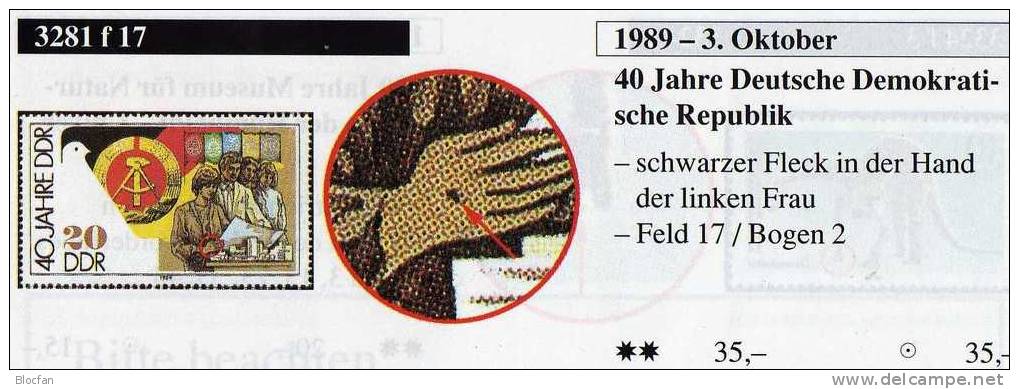 40 Jahre DDR Fleck Auf Der Hand 3279/2 Plus 3281 F17 ** 37€ Mit Vergleichsstück Im Paar Flagge, Taube, Bauarbeiter - Errors & Oddities