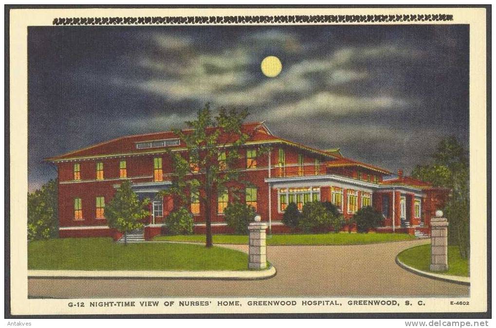 USA PC Night-time View Of Nurses Home, Greenwood Hospital, South Carolina - Greenwood