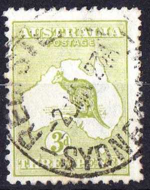 Australia 1915 3d Yellow-olive Kangaroo 3rd Watermark (Wmk 10) Used - Actual Stamp -Sydney Reg - SG37 - Gebraucht