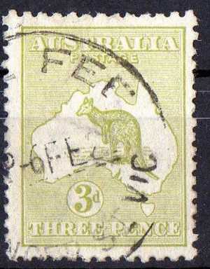 Australia 1915 3d Yellow-olive Kangaroo 3rd Watermark (Wmk 10) Used - Actual Stamp - Late Fee VIC- SG37 - Gebraucht