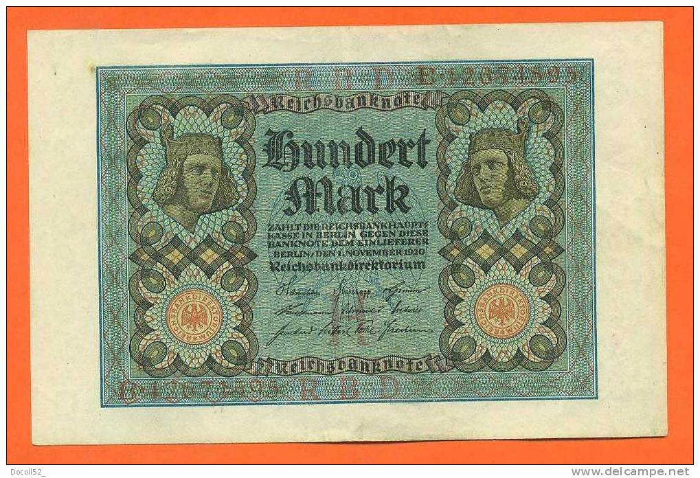 Billet De 100 Marks 1920 - Reichbanknote - Voir 2 Scans - 100 Mark