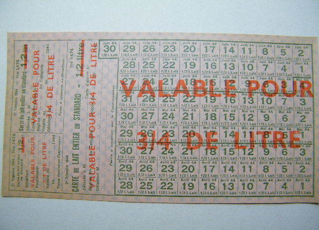 Ticket De Rationnement - Carte De Lait Entier Ou Strandard 1/2  Litre  Valable Pour 3/4 De Litretitre 1475  ( 1944) - Documents