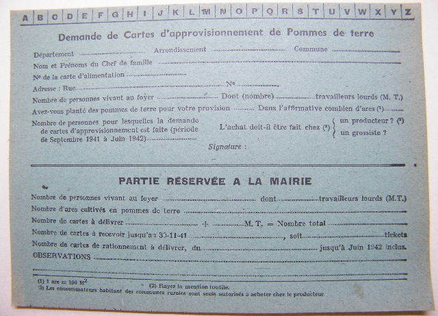 Ticket De Rationnement - Demande De Cartes  D'approvisionnement De Pommes De Terre   (1942) - Documents