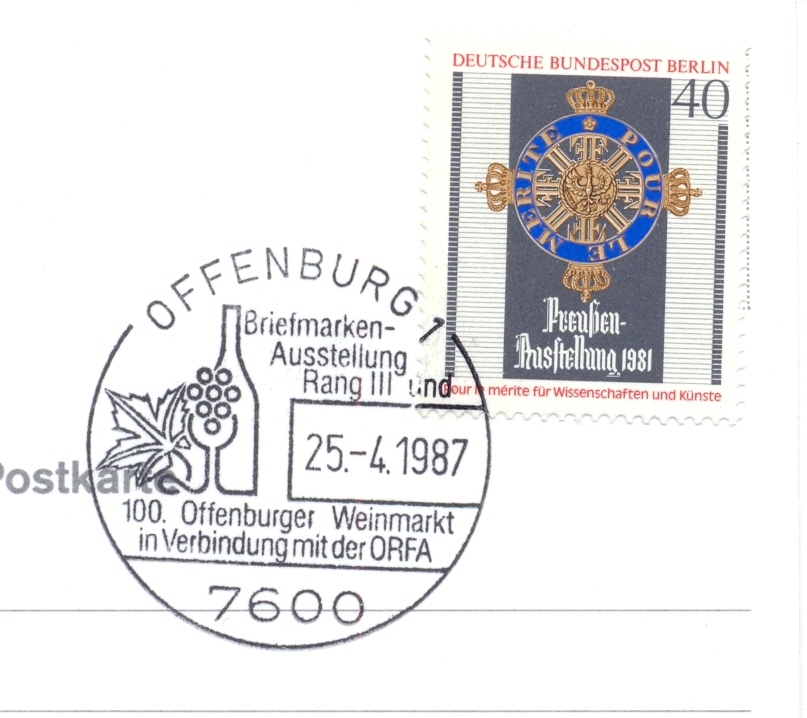 Germany 1987 Special Handstamp Centenary Of Wine Market In Offenburg - Wines & Alcohols