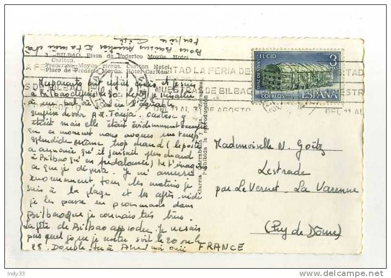 - ESPAGNE . AFFRANCHISSEMENT SIMPLE SUR CP DE 1962  POUR LA FRANCE - Storia Postale