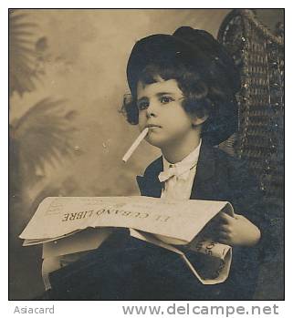 Cuba Real Photo Small Girl Smoking Named Irene Sanchez Reading Newspaper "El Cubano Libre" - Cuba