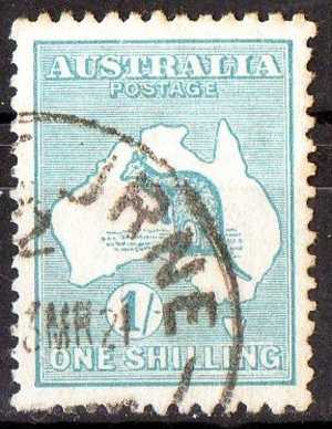 Australia 1915 1 Shilling Blue-green Kangaroo 3rd Watermark (Wmk 10) Used - Actual Stamp - Melbourne - SG40 - Oblitérés