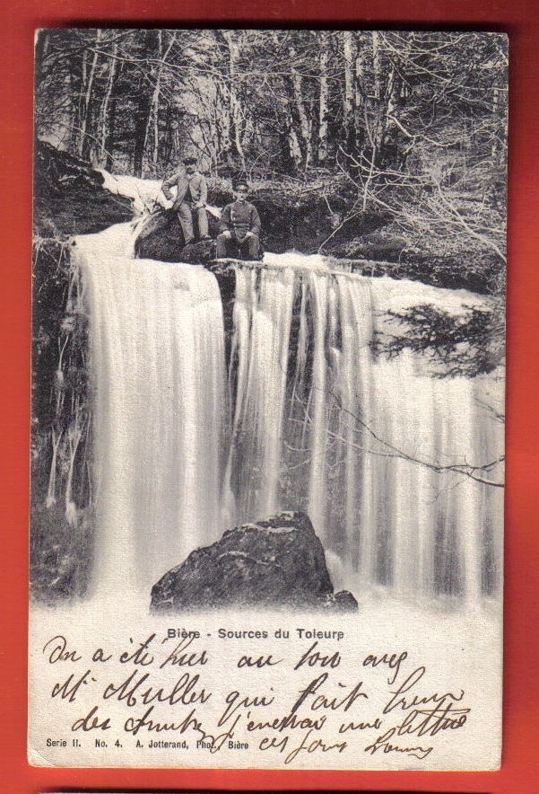 V1162 Bière Sources Du Toleure,Cascade.ANIME.Cachet Bière Et Chevroux 1907 Et Tampon Militaire.Jotterand 4 - Bière