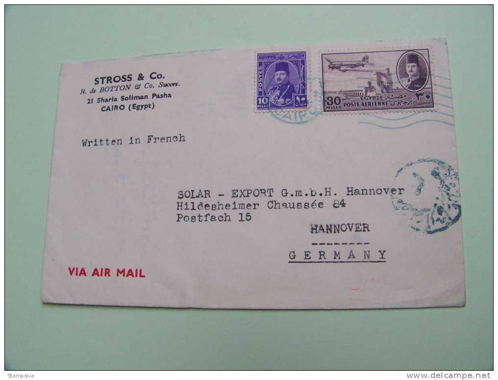 == Egypt, Cv. To Hannover Ca. 1920  Blue Cancel - 1915-1921 Protectorado Británico