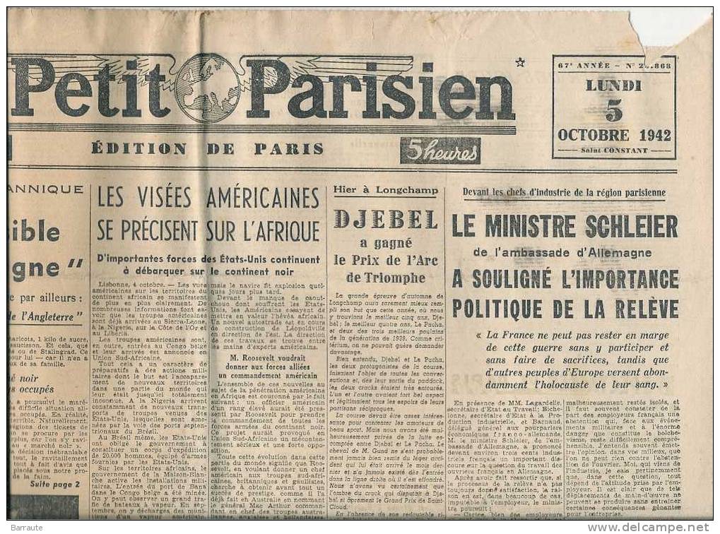 Le Petit Parisien Du 5/10/1942 " Les Visées Américaines Se Précisent Sur L'Afrique." - Le Petit Parisien