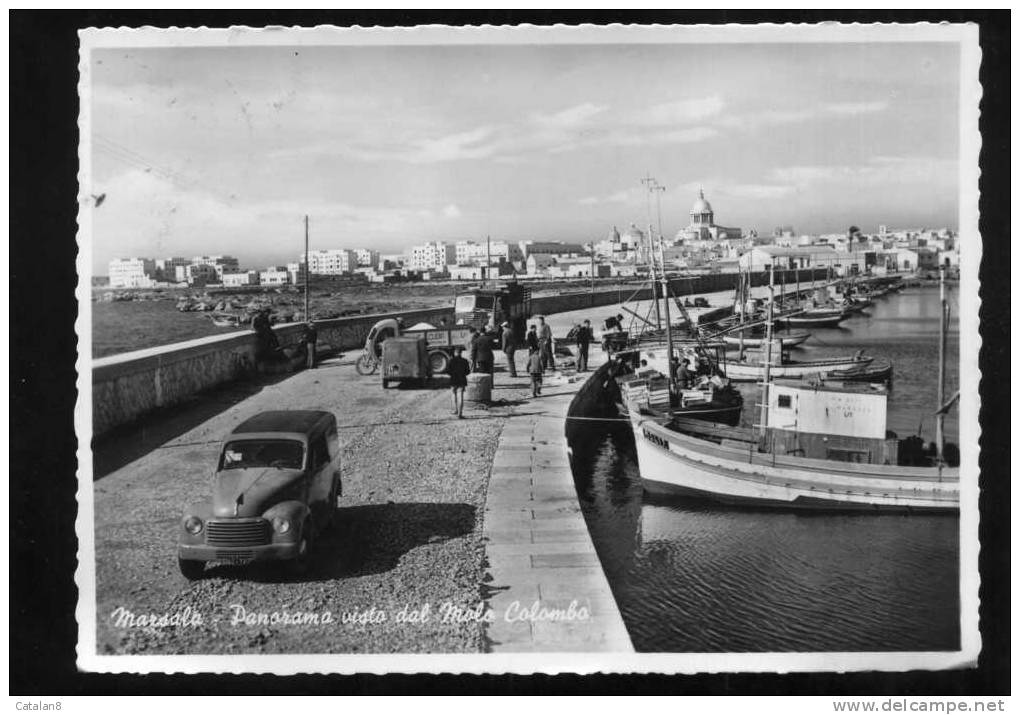 S2388 CARTOLINA POSTALE SICILIA TRAPANI MARSALA PANORAMA DAL MOLO COLOMBO BARCHE AUTOMOBILE FG. V. - Marsala