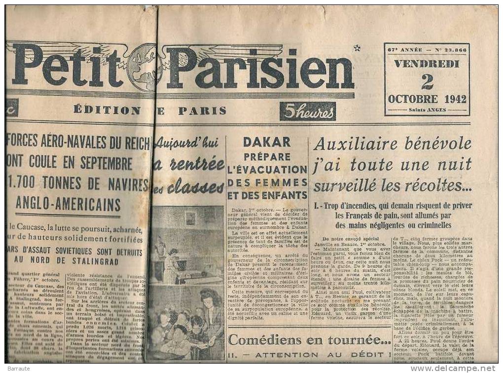 Le Petit Parisien Du 2/10/1942 " Les Forces Du Reich Ont Coulé En Septembre 1 011 700 Tonnes" - Le Petit Parisien