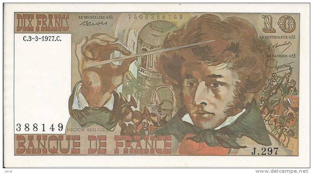 - FRANCE - BILLETS -  10 F  - BERLIOZ - C - 3 - 3 - 1977 - C - N° J . 297 - 388149 - - 10 F 1972-1978 ''Berlioz''