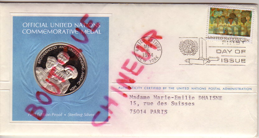 MEDAILLE ARGENT N°3 NATION UNIES 1974 SUR ENVELLOPPE PREMIER JOUR 6 MAI 1974 - Other & Unclassified