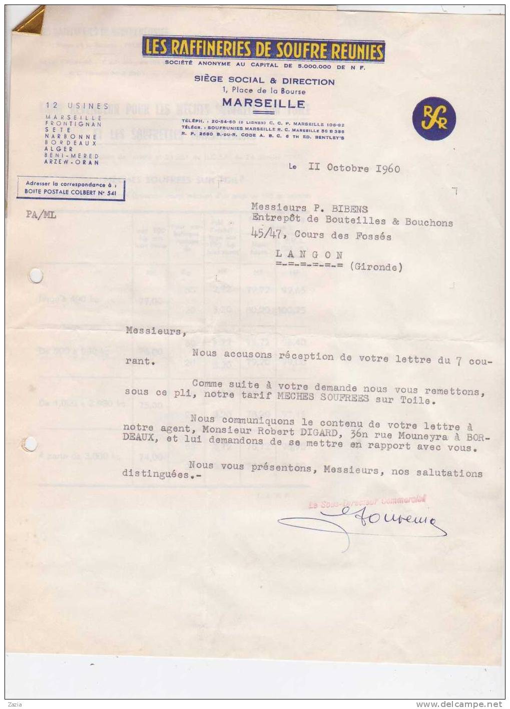 VP.125/ BOUCHE DU RHONE - MARSEILLE - Raffineries De Souffre Réunies - 2 Documents - Non Classés