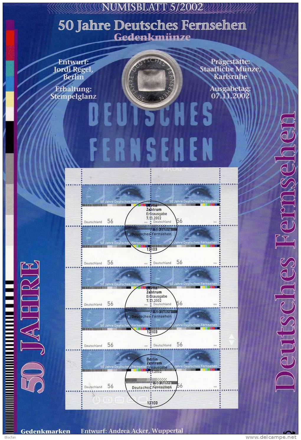 Jubiläum 50 Jahre Fernsehen Deutschland Numisblatt 5/2002+ 2288 10-KB SST 40€ Menschen-Auge Bf Document Sheet Of Germany - Gedenkmünzen