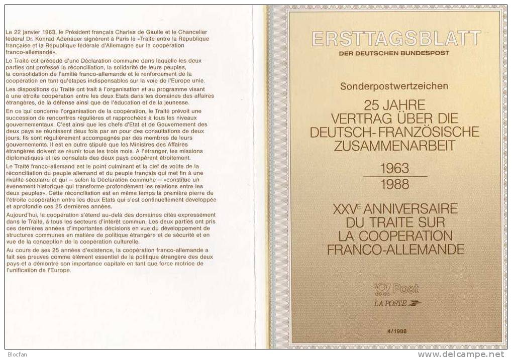 Zusammenarbeit 1988 Deutschland - Frankreich BRD 1351, RF 2636 O Plus ETB 5€ De Gaulle Und Adenauer - Gemeinschaftsausgaben