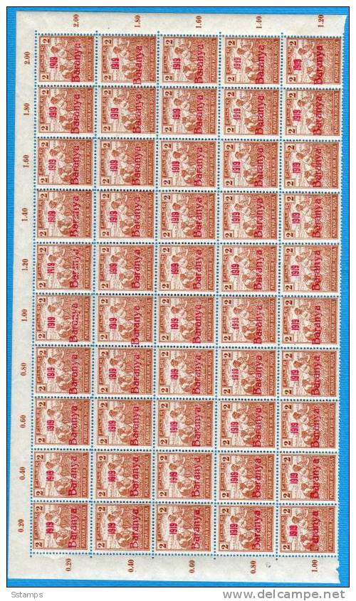 1919 BARANYA  JUGOSLAVIA SERBIA  UNGARN  OCCUPAZIONE BESETZUNG SHEET 50-STAMPS- THE STUDY OF OVERPRINT TYPS - Baranya